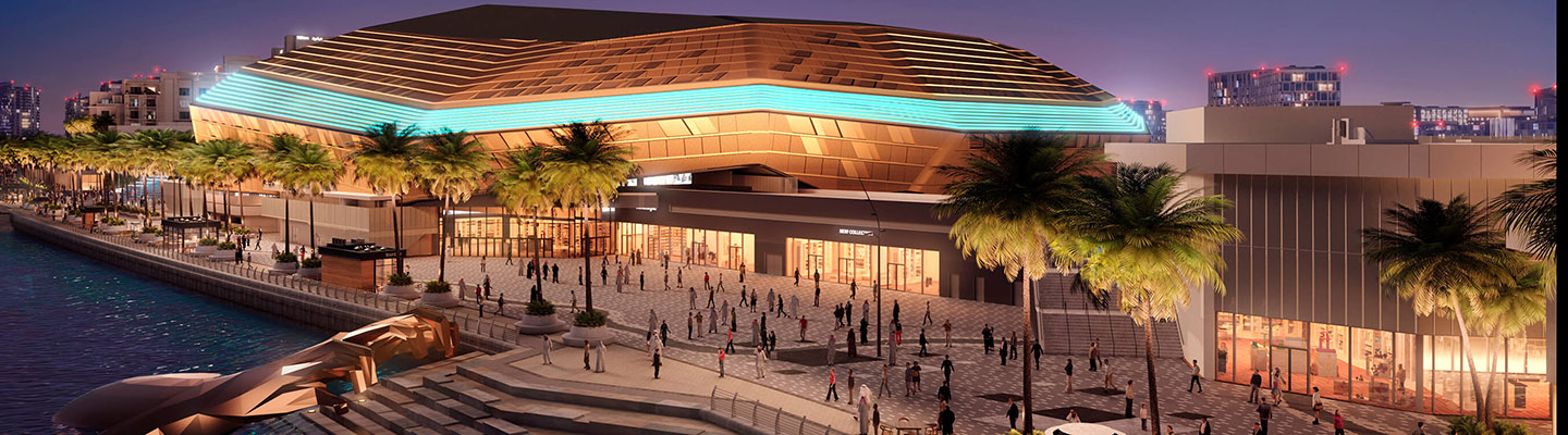 Etihad Arena at night time, on  the waterfront at Yas Bay.